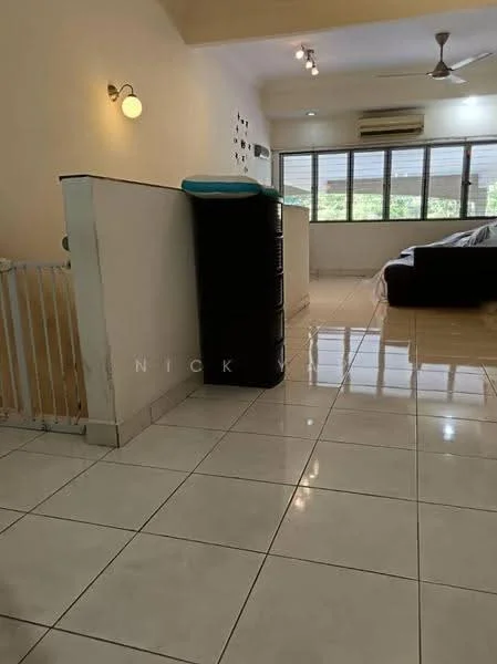 Living features: white painted walls, glossy ceramic tile flooring, 5-blade ceiling fan with light, large windows with sheer curtains, black storage cabinet, sofa, air conditioning unit, decorative wall art, light fixtures, open layout; style: modern; view: garden.