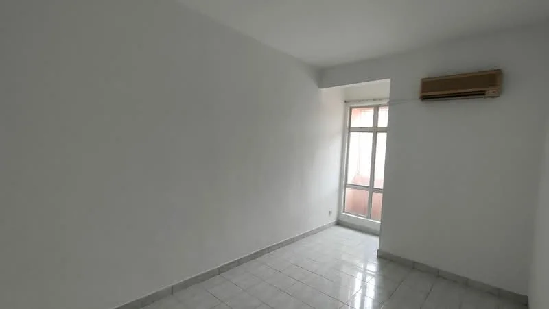 Room features: white painted walls, tile flooring, window with glass panes, wall-mounted split AC.
