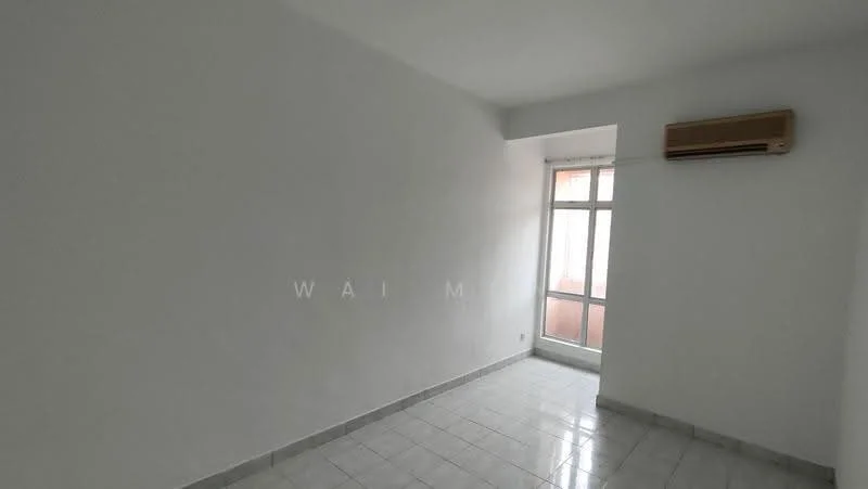 Room features: white painted walls, glossy ceramic tile flooring, floor-to-ceiling window, wall-mounted split AC, natural light from window.