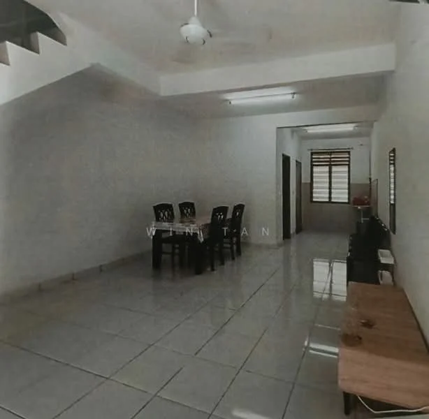 Living features: white painted walls, tile flooring, ceiling fan, dining table with four black chairs, wooden TV console, wall-mounted mirror, window with wooden frame, staircase leading to upper floor.