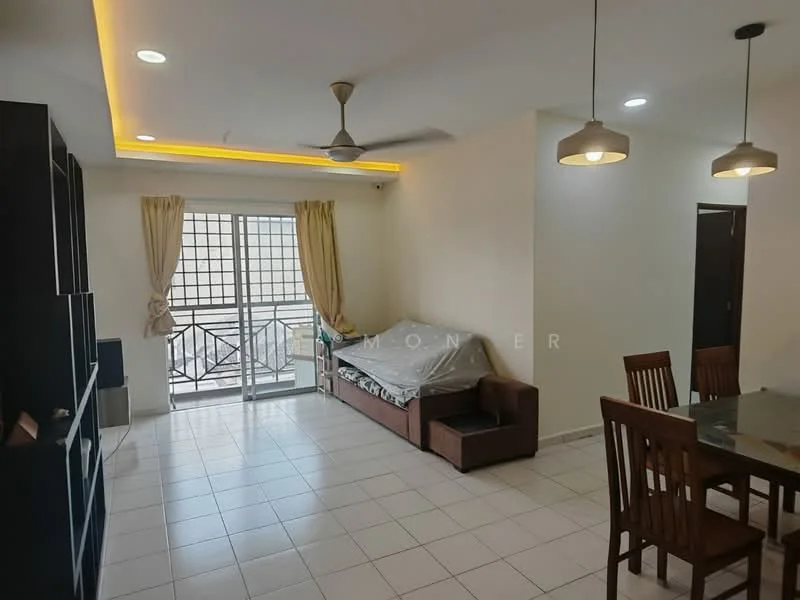 Living features: white painted walls, tile flooring, 5-blade ceiling fan, recessed LED downlights, pendant lamps, sofa covered with a throw, dining table with four chairs, sliding glass door, curtains, balcony view, TV console, wall-mounted TV; style: modern; view: city.
