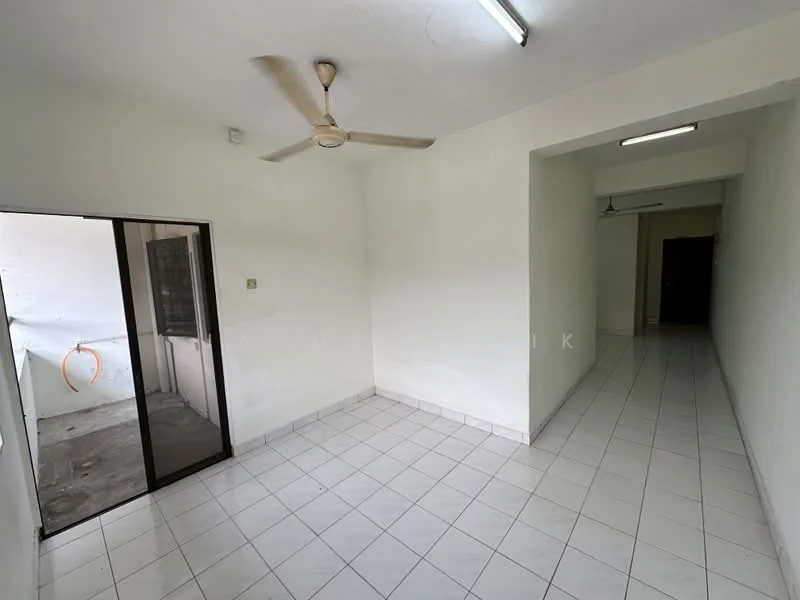 Room features: white painted walls, white tiled flooring, ceiling fan, sliding glass door, natural light from door, open layout, no visible furniture, fluorescent lighting.