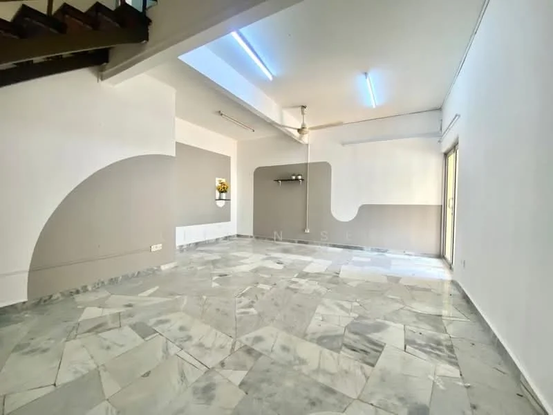 Living features: marble flooring, white painted walls, grey accent wall, ceiling fan, recessed LED downlights, sliding glass door, floor-to-ceiling windows, open layout; style: modern.