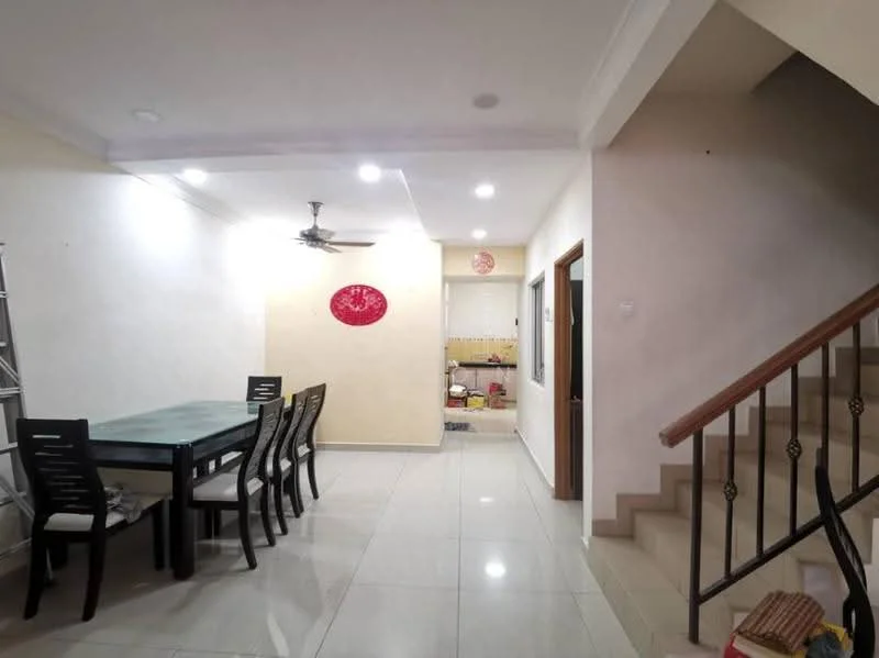 Dining features: 6-seater dining table, black dining chairs, ceiling fan, recessed downlights, white painted walls, glossy tile flooring, staircase with wooden railing, open layout to kitchen, decorative wall art, doorway to hallway; style: modern. Kitchen features: kitchen visible in background, yellow cabinetry, countertop, appliances visible.