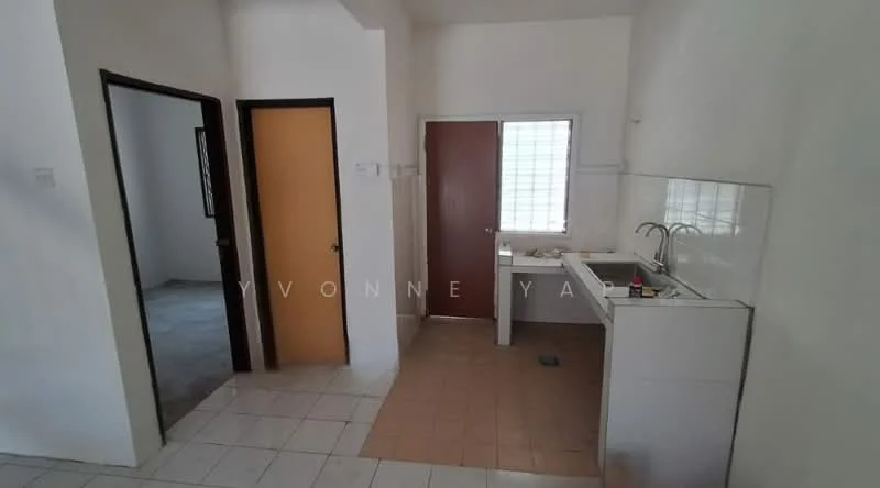 Kitchen features: white tiled walls, light brown tiled flooring, single-bowl stainless-steel sink, chrome pull-down faucet, white cabinetry, countertop, window for natural light, open layout. Room features: grey carpeted flooring, white walls, doorway leading to another room, window.