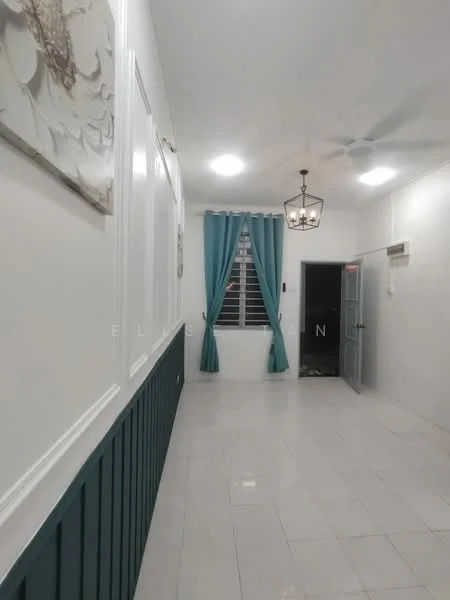 Room features: white painted walls, blue wainscoting, glossy white tile flooring, recessed downlights, chandelier light fixture, curtains in light blue, air conditioning unit, door with grey finish; style: modern.