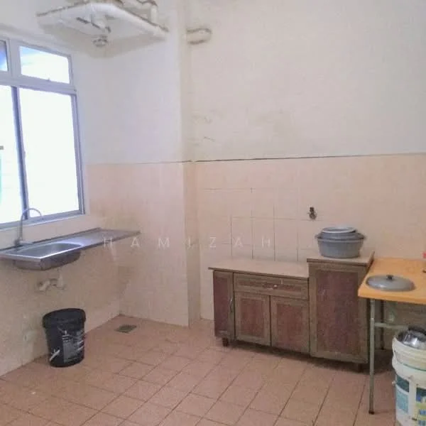 Kitchen features: single-bowl stainless-steel sink, chrome faucet, pink tiled walls, light beige tiled flooring, wooden cabinetry, countertop, window with natural light, waste bin.