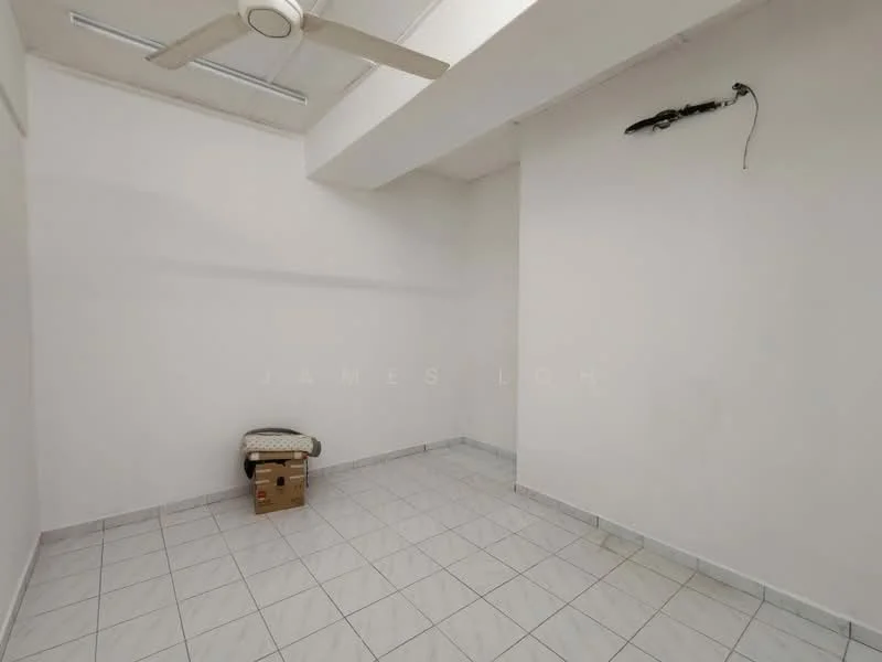 Room features: white painted walls, tile flooring, ceiling fan, one wall with electrical outlet, empty space, no visible furniture, natural light from window, neutral color scheme; style: minimalist.