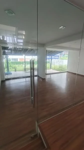 Room features: wooden flooring, glass sliding door, large windows, white painted walls, recessed downlights, open layout, natural light, view of outdoor space; style: modern; view: garden.