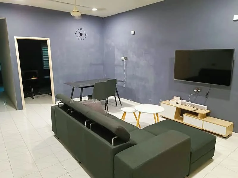 Living features: grey painted walls, white tiled flooring, 5-blade ceiling fan, L-shape sectional sofa in dark grey, 2 round coffee tables in white, TV console in light wood with storage, wall-mounted TV, decorative wall clock, dining table with 4 chairs; style: modern. Room features: white painted walls, white tiled flooring.