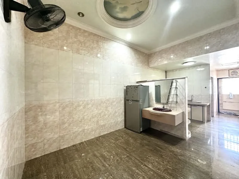 Kitchen features: marble tile flooring, white tiled walls, stainless-steel fridge, built-in countertop with sink, ceiling fan, recessed lighting, open layout, kitchen cabinets, window with natural light; style: modern.