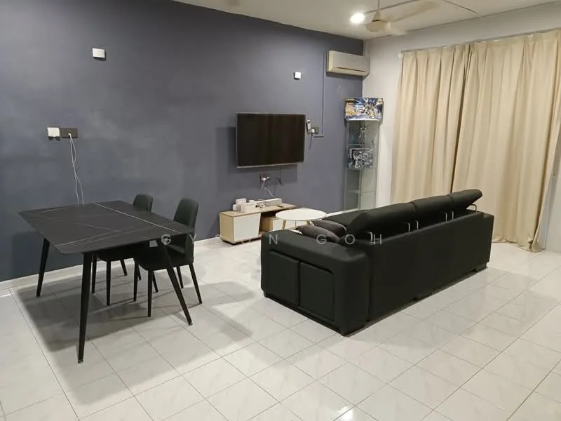 Living features: black leather sofa, 3-seater sofa, white TV console, wall-mounted TV, black dining table, 4 dining chairs, white ceramic tile flooring, recessed ceiling lights, air conditioning unit, floor-to-ceiling curtains, glass display cabinet, grey accent wall; style: modern.