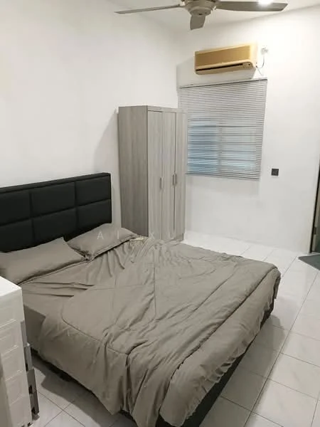 Bedroom features: king-size bed with upholstered headboard, bedding in beige, white painted walls, white tiled flooring, built-in wardrobe with grey finish, window with blinds, wall-mounted air conditioning unit, ceiling fan, nightstand, decorative wall panel; style: modern.