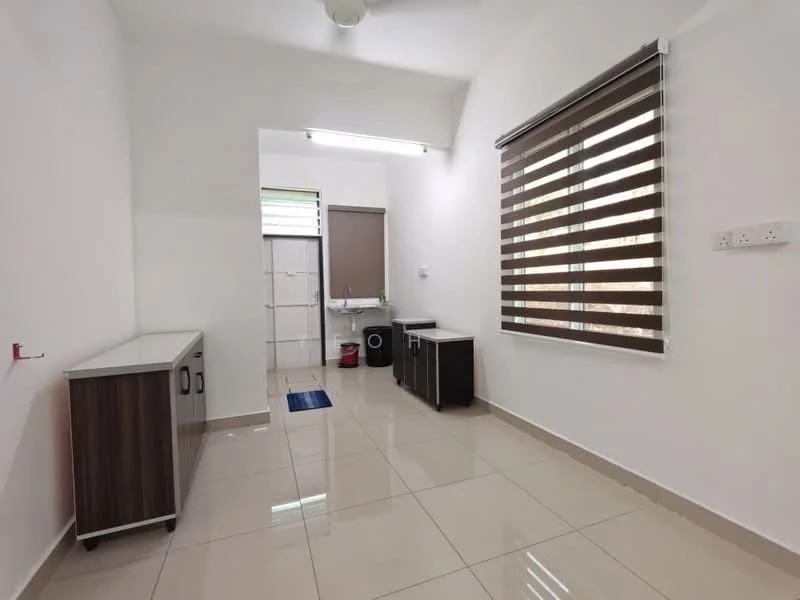 Room features: white painted walls, glossy ceramic tile flooring, ceiling fan, roller blinds on windows, two small cabinets, one larger cabinet, laundry area visible through doorway, light fixture on ceiling; style: modern.