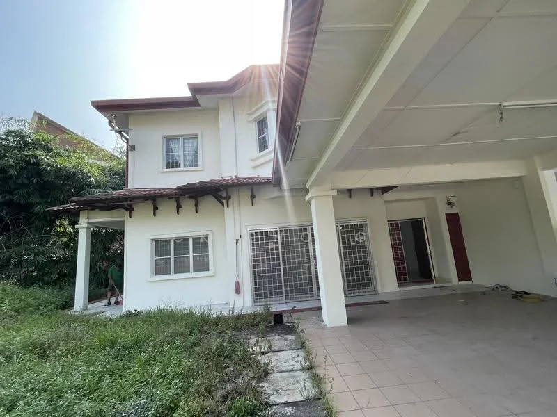 Exterior type: detached bungalow; features: white painted facade, red tiled roof, two-storey structure, covered car porch, grassy yard, paved walkway, grid-patterned metal grilles on windows, exposed beams on porch, large windows, side garden area; style: modern.