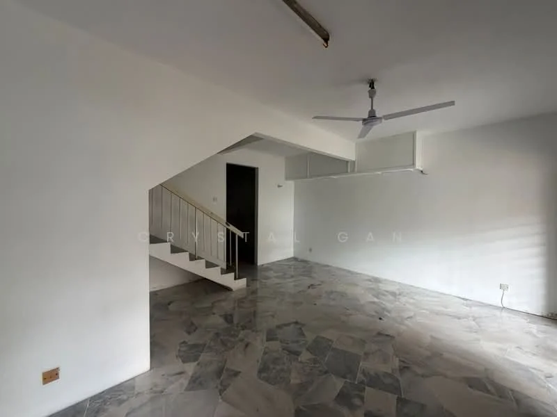 Room features: marble flooring, white painted walls, ceiling fan, staircase with railing, large windows for natural light, open layout, no visible furniture, neutral color scheme; style: minimalist.