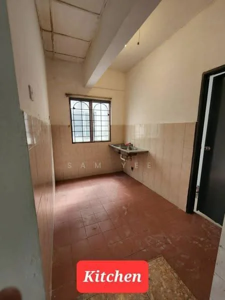 Kitchen features: brown tiled flooring, white painted walls, cream tiled backsplash, single-bowl sink, wall-mounted faucet, window with grid design, countertop with space for appliances, light fixture on ceiling.