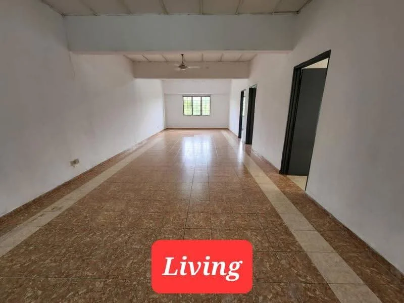 Living features: white painted walls, tile flooring, ceiling fan, large windows, natural light, open layout, neutral color scheme, no visible furniture.