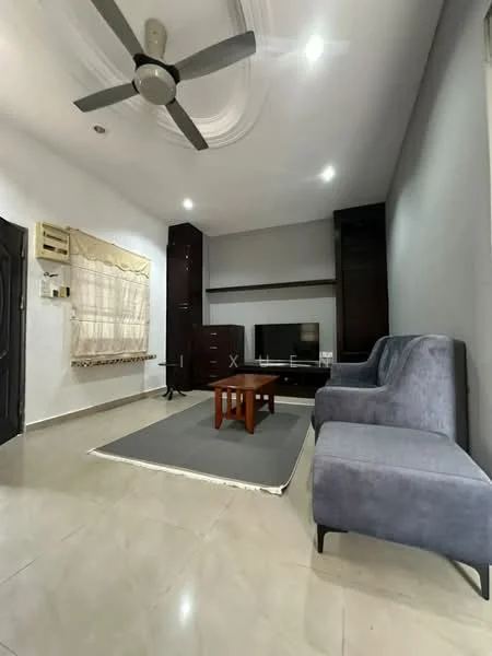Living features: 3-blade ceiling fan with light, wall-mounted TV, TV console, 2-seater fabric sofa in grey, coffee table, area rug, cream painted walls, marble tile flooring, recessed downlights, built-in cabinets, window with sheer curtains, air conditioning unit; style: modern.
