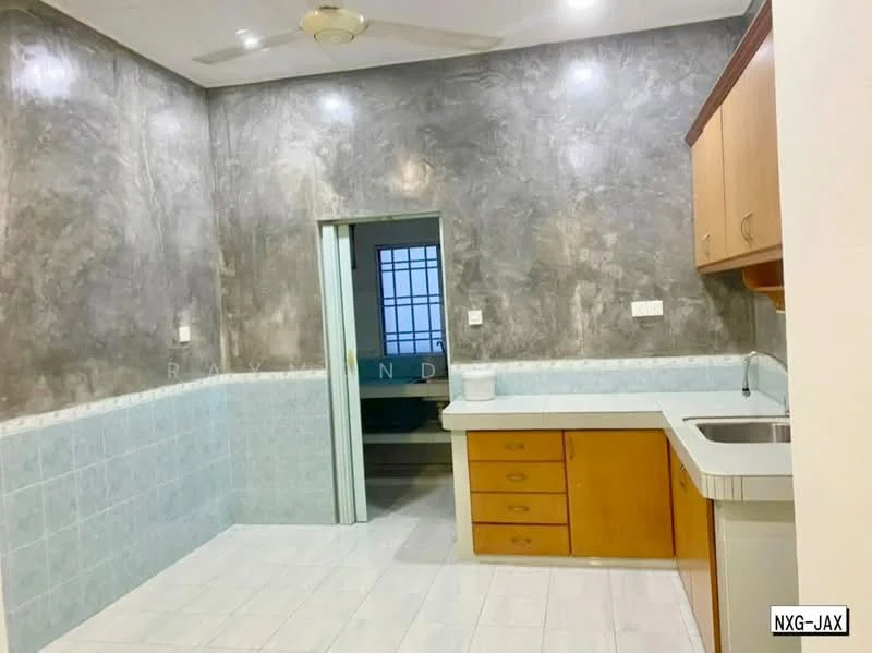 Kitchen features: grey textured walls, white tiled backsplash, light blue tiled flooring, wood cabinetry with brown finish, countertop with integrated sink, stainless-steel sink, single-bowl sink, ceiling fan, doorway leading to another room; style: modern.