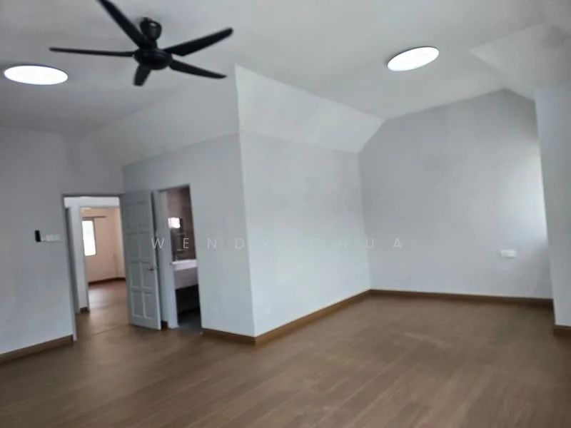 Room features: white painted walls, wooden flooring, exposed beams on ceiling, 2 circular ceiling lights, 1 ceiling fan, doorway leading to another room, window with natural light; style: modern.