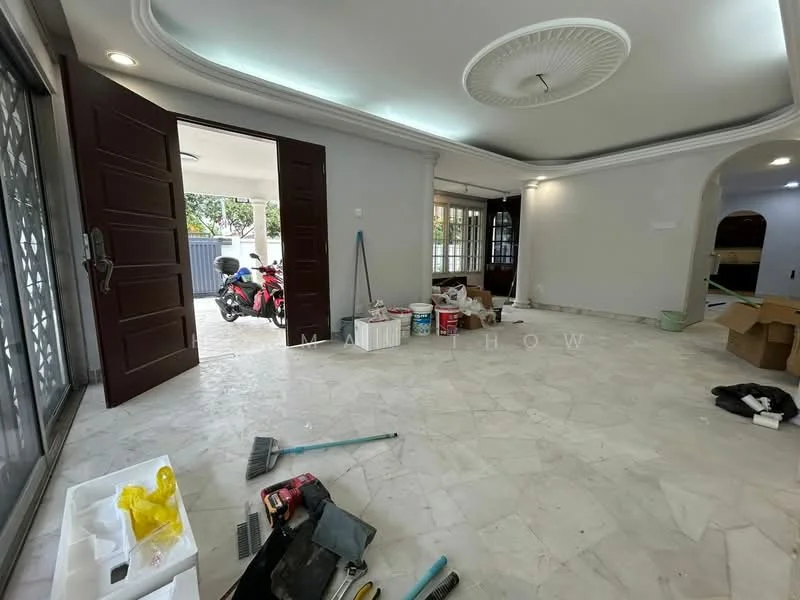 Room features: marble flooring, white painted walls, crown moulding, tray ceiling, double doors, large windows, unfinished space with construction materials, visible tools and equipment; style: modern; view: garden.