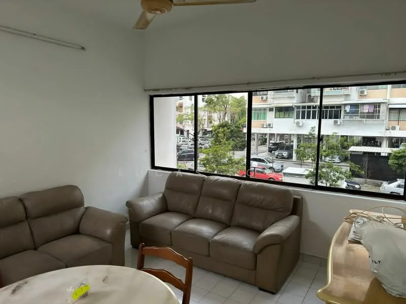 Living features: 2-seater leather sofa in beige, 3-seater fabric sofa in grey, ceiling fan, large windows with city view, white painted walls, tiled flooring, round dining table, wooden dining chairs; view: city.