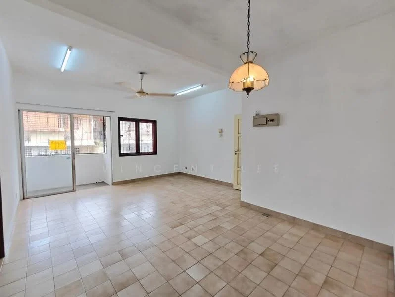 Living features: white painted walls, tile flooring, ceiling fan, recessed ceiling lights, pendant light fixture, large window with grid, sliding glass door, door to balcony, neutral color scheme, open layout; style: minimalist.