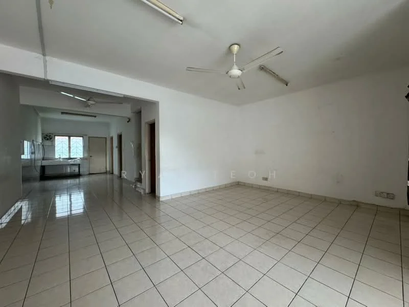 Room features: white painted walls, tile flooring, ceiling fan, multiple light fixtures, large windows, open layout, neutral color scheme; style: minimalist.