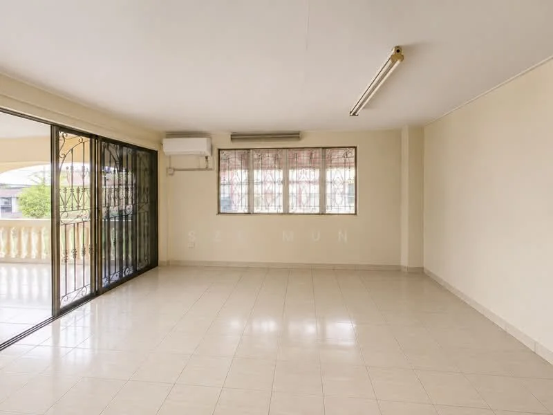 Room features: white painted walls, cream tiled flooring, floor-to-ceiling windows, sliding glass door, 1 wall-mounted split AC, recessed ceiling lights, natural light from windows, balcony access; style: modern; view: garden.