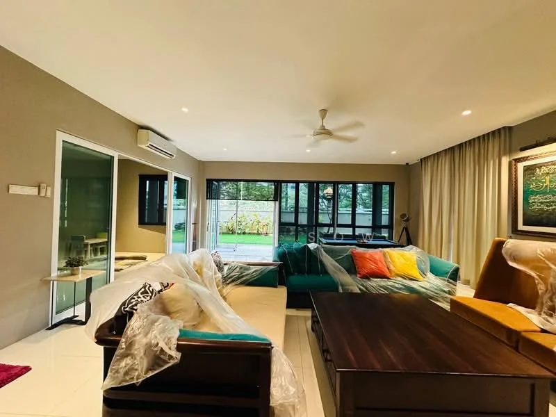 Living features: 3-seater fabric sofa in teal, 2-seater leather sofa, coffee table, floor-to-ceiling windows, sliding glass door, ceiling fan, recessed downlights, decorative wall art, curtains, area rug, decorative cushions in various colors, white painted walls, tile flooring; style: modern; view: garden.