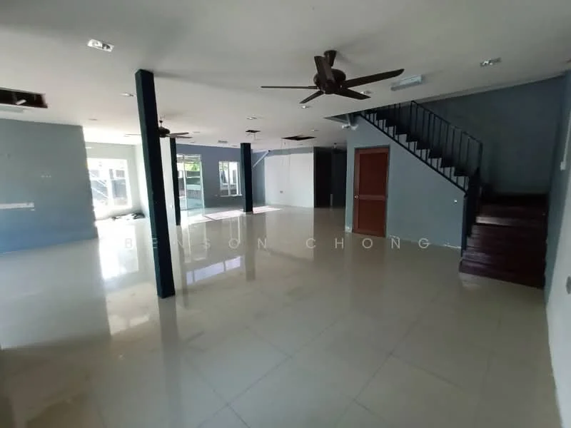Room features: white painted walls, glossy ceramic tile flooring, ceiling fan, staircase with metal railing, large windows for natural light, open layout, multiple light fixtures, sliding glass door, doorway leading to another room, no visible furniture; style: modern; view: garden.