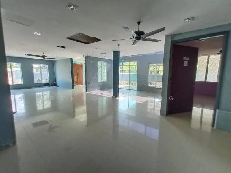 Room features: white painted walls, polished tile flooring, ceiling with recessed downlights, 2 ceiling fans, large windows with sheer curtains, doorway leading to outdoor area, open layout, natural light from multiple sources; style: modern; view: garden.