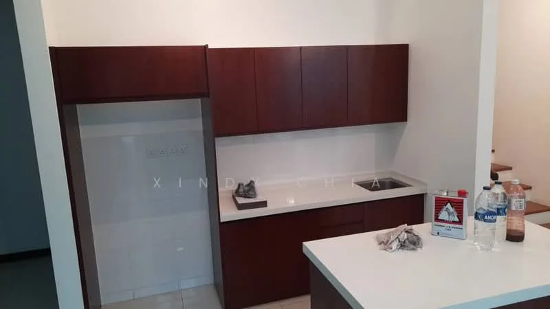 Kitchen features: brown wooden cabinetry, white countertop, single-bowl stainless-steel sink, chrome pull-down faucet, white tiled backsplash, built-in wall cabinet, open shelving, cleaning supplies on countertop; style: modern.