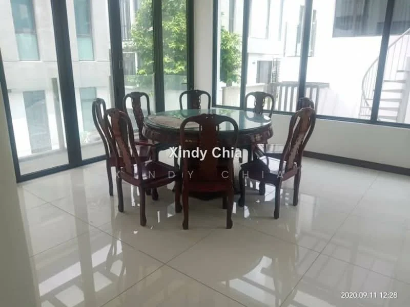 Dining features: round dining table, wooden dining chairs, large windows, white walls, glossy tile flooring, natural light, view of greenery, decorative centerpiece on table; style: modern; view: garden.