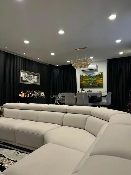 Living features: L-shape sectional sofa in cream, chandelier, recessed LED downlights, black accent wall with vertical paneling, dark curtains, framed artwork, area rug with geometric pattern, bar cart with various bottles, wall-mounted air conditioning unit, dining table with grey upholstered chairs, large painting on wall; style: modern.