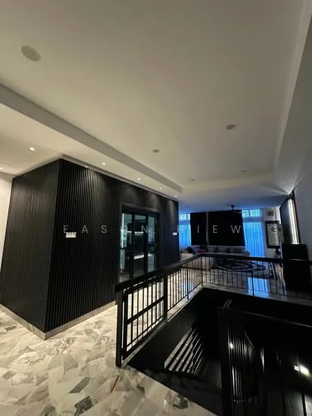 Room features: marble flooring, black feature wall with vertical slats, recessed downlights, large glass entrance door, open staircase with black railing, white painted walls, large windows allowing natural light, modern design elements; style: modern.