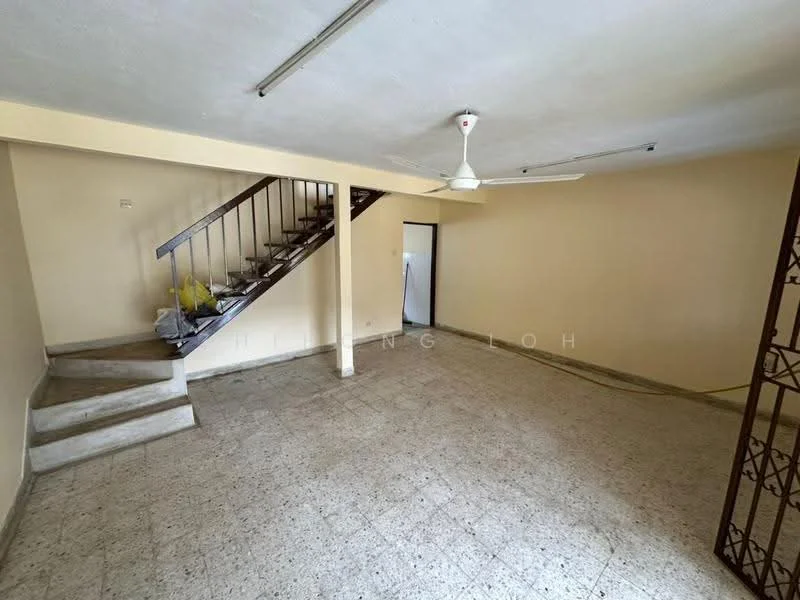 Room features: staircase with metal railing, ceiling fan, plain white walls, textured flooring, natural light from windows, open layout, doorway leading to another room, no visible furniture; style: minimalist.