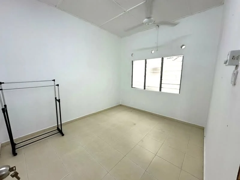 Room features: white painted walls, tile flooring, ceiling fan, two windows, clothes rack, light fixtures, no visible furniture; style: minimalist.
