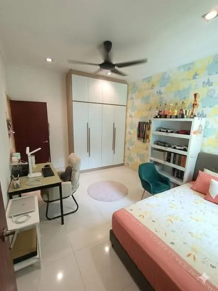 Bedroom features: queen-size bed with pink bedspread, upholstered headboard, built-in wardrobe with sliding doors, study desk with lamp, ergonomic chair, area rug, wall-mounted shelves, trophies displayed on shelves, decorative wall with pastel pattern, ceiling fan, white painted walls, glossy tile flooring; style: modern.