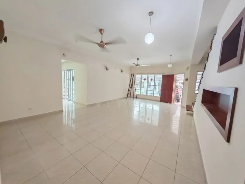 Living features: white painted walls, glossy ceramic tile flooring, 2 ceiling fans, 2 pendant lights, large windows, sliding glass door, open layout, staircase visible, wall-mounted shelves, natural light; style: modern.