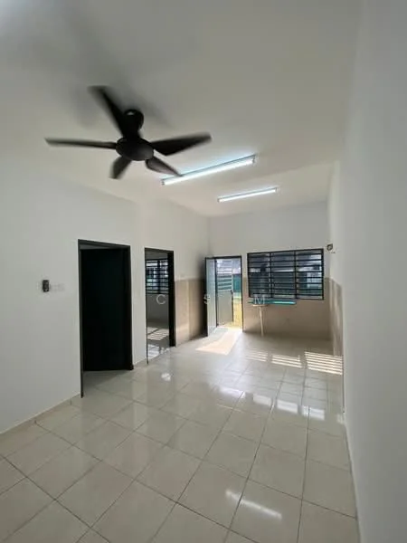 Room features: white painted walls, glossy ceramic tile flooring, 5-blade ceiling fan, sliding glass door, floor-to-ceiling windows, natural light from windows, light fixtures on ceiling, open layout; style: modern; view: garden.