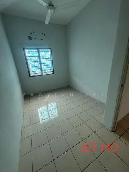 Room features: light grey painted walls, white ceiling, tiled flooring, single window with horizontal slats, ceiling fan, no visible furniture, empty space.