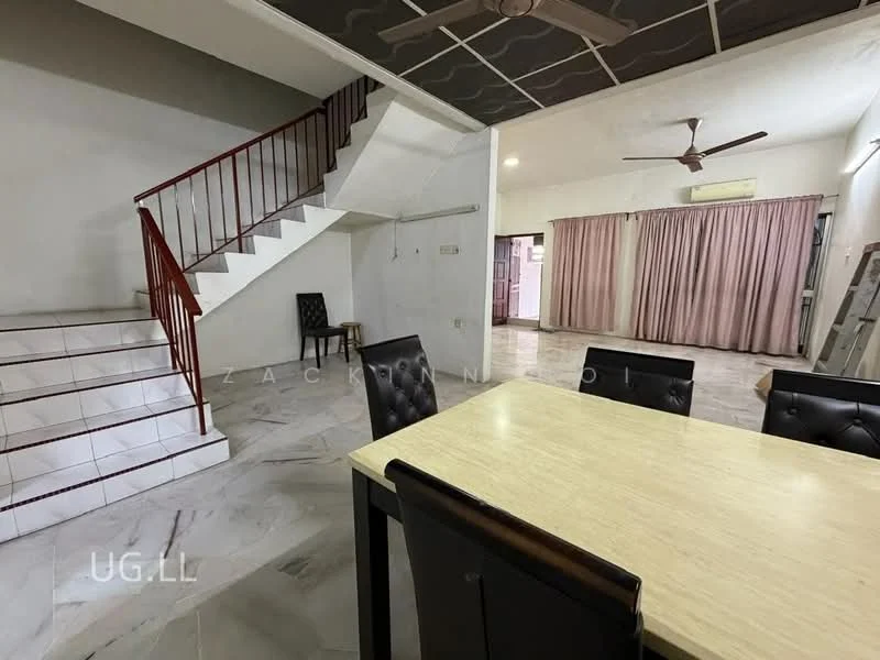 Dining features: dining table with four black upholstered chairs, marble flooring, ceiling fan, white painted walls, curtains in light pink, staircase with red railing, open layout to living area, light fixture on ceiling; style: modern. Living features: spacious living area, white painted walls, curtains in light pink, ceiling fan, marble flooring, open layout to dining area, staircase visible; style: modern.