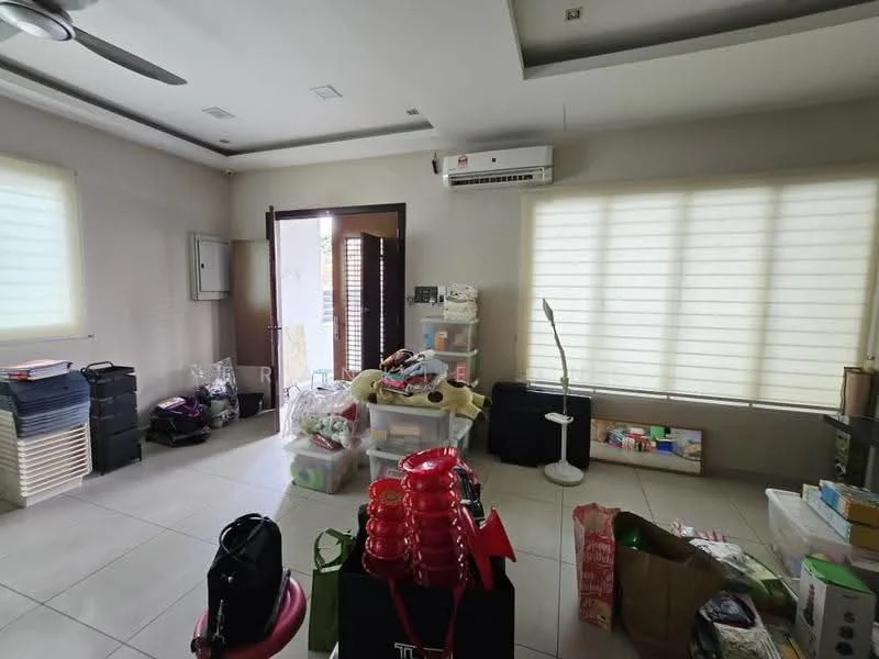 Room features: white painted walls, tile flooring, recessed downlights, wall-mounted split AC, floor-to-ceiling windows, sheer curtains, main entrance door, decorative floor lamp, various storage boxes, plastic storage containers, bags and miscellaneous items.