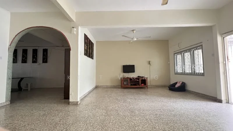 Living features: light-colored painted walls, polished terrazzo flooring, ceiling fan, wall-mounted TV, wooden TV console, large windows with metal grilles, arched entryway, beige bean bag chair.