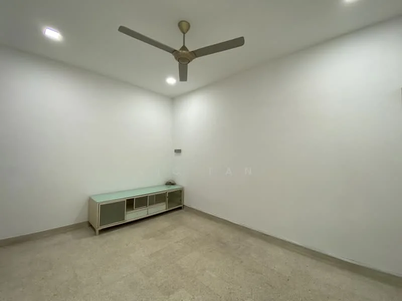Room features: white painted walls, ceiling fan, recessed LED downlights, light-colored flooring, built-in cabinet or console, neutral color scheme, no visible windows, minimalist decor; style: modern.