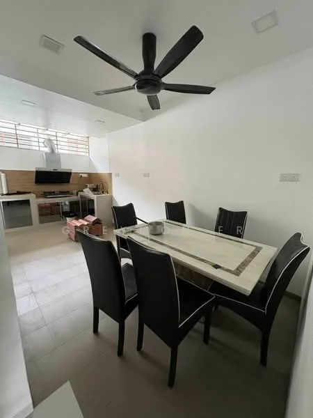 Dining features: 6-seater dining table with marble top, black upholstered dining chairs, ceiling fan with 5 blades, white painted walls, tile flooring, window with natural light, kitchen area visible in background, decorative wall paneling; style: modern.