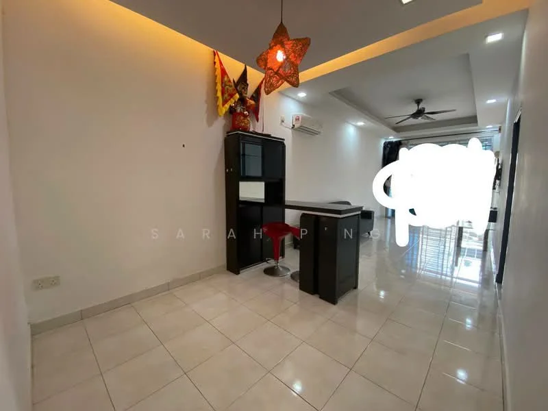 Room features: white painted walls, glossy ceramic tile flooring, recessed downlights, ceiling fan, wall-mounted air conditioning unit, bar counter with high stool, decorative wall art, open space layout; style: modern.