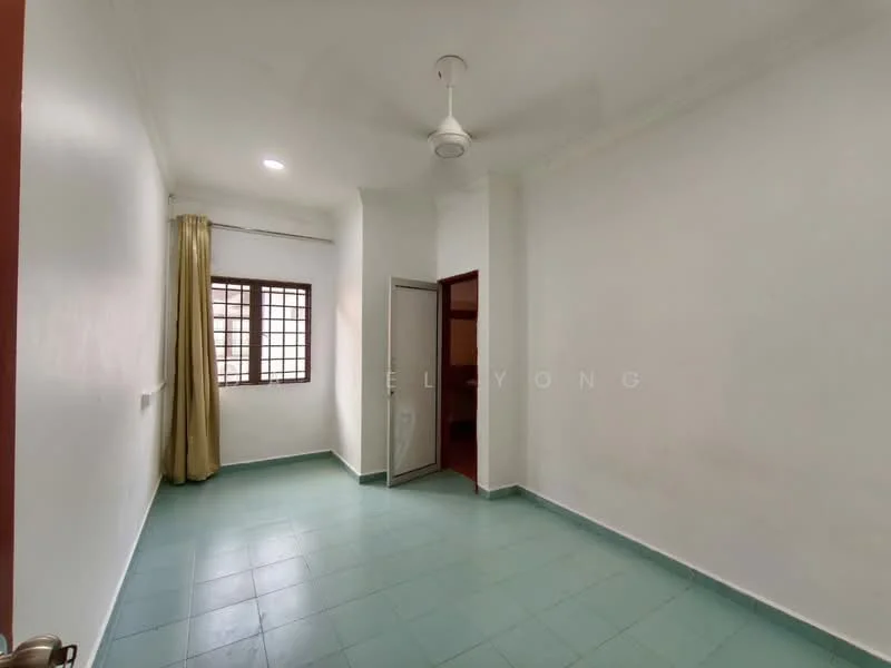 Room features: white painted walls, green ceramic tile flooring, ceiling fan, window with grid pattern, curtains, doorway leading to another room.
